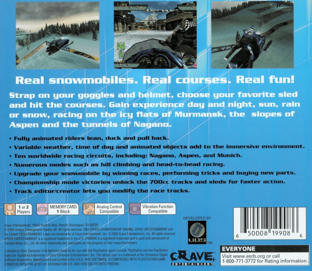 Sno-Cross Championship Racing back of case for PlayStation 1 (PS1) snowmobile racing video game