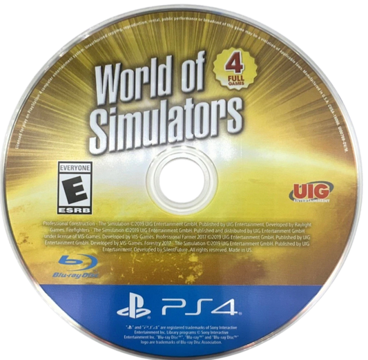 World of Simulators – PlayStation 4 (PS4) video game disc, vehicle simulation game.