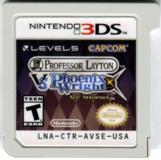 Professor Layton vs Phoenix Wright Ace Attorney Nintendo 3DS video game, puzzle adventure meets courtroom drama, crossover title, handheld console release game cartridge