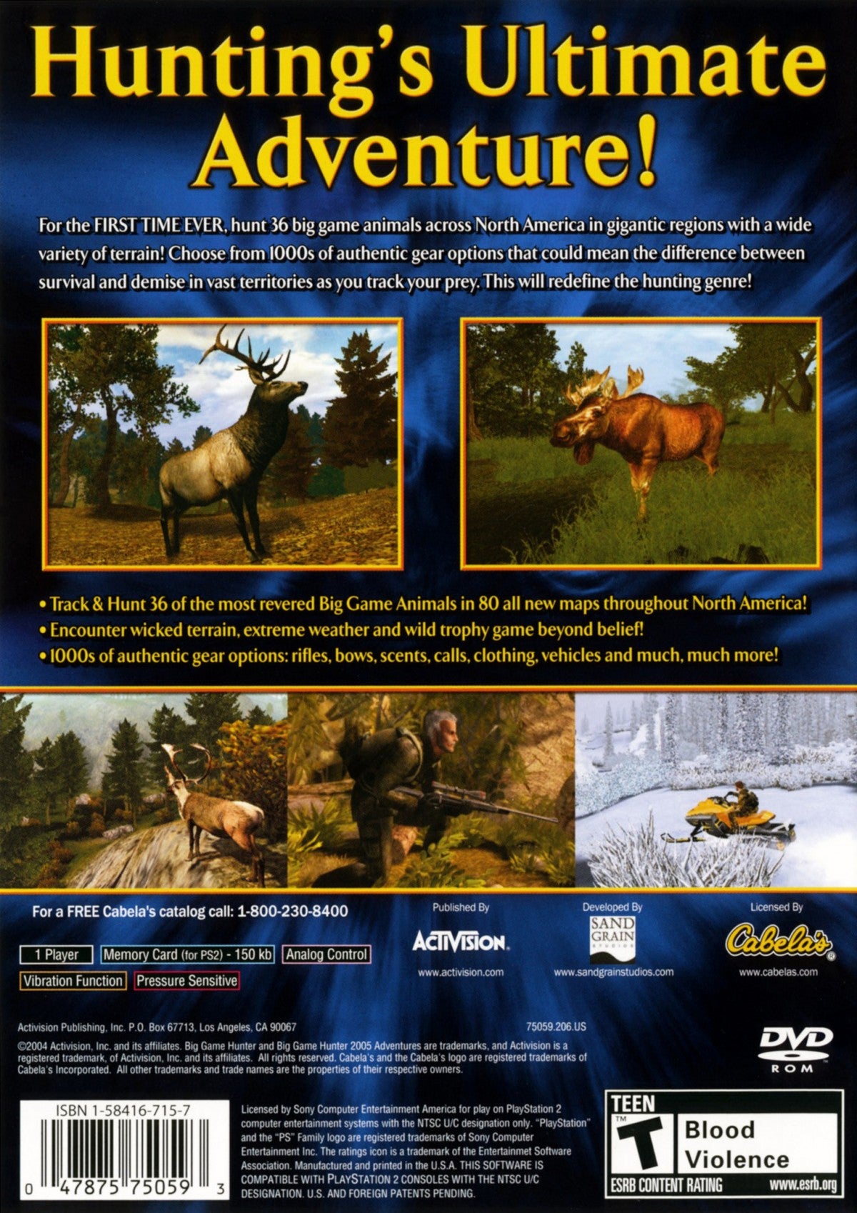 Cabela’s Big Game Hunter 2005 Adventures for PlayStation 2 with North American hunting and outdoor adventure theme gameplay back cover art