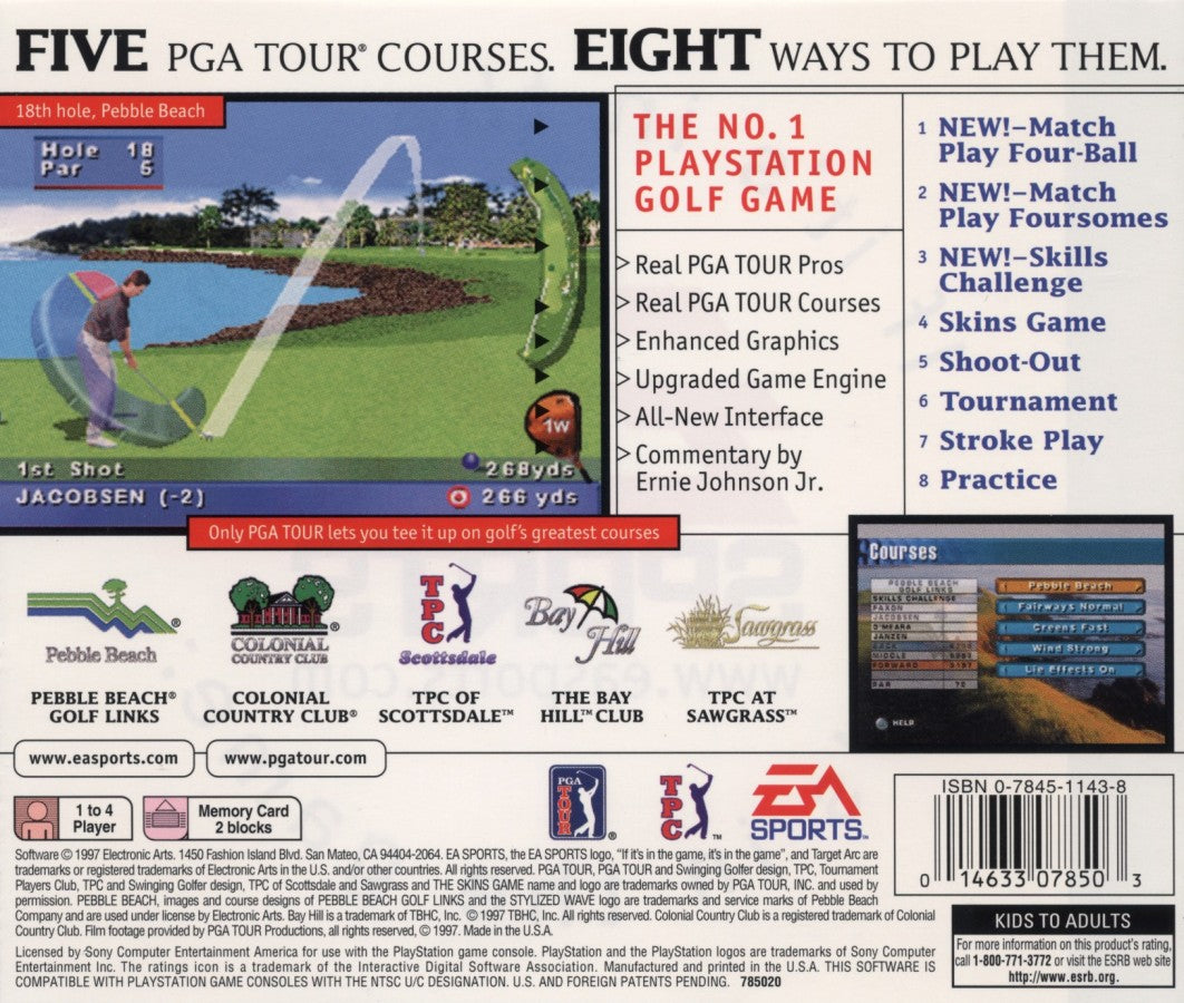 PGA Tour 98 PlayStation 1 PS1 golf simulation sports game EA Sports golf courses professional golf PGA Tour classic retro PlayStation One video game driving putting tournament gameplay back cover