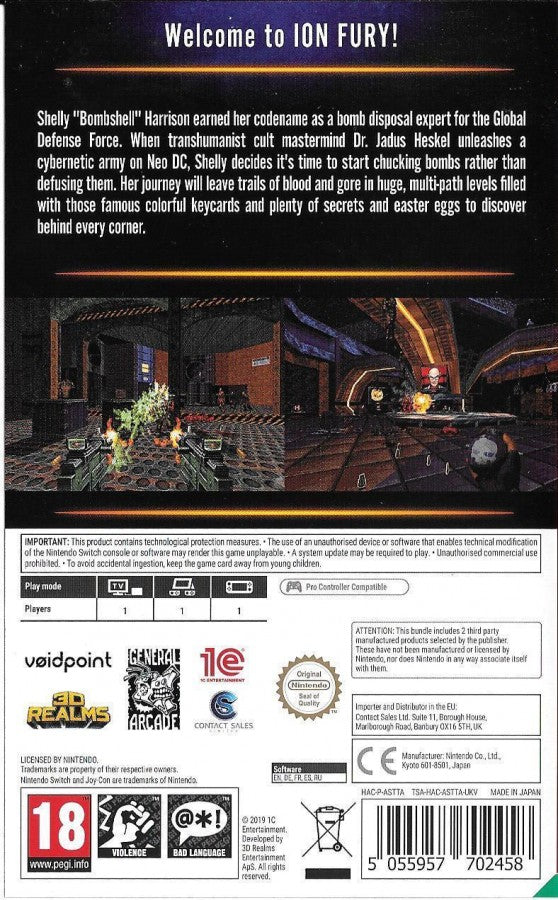 Ion Fury Nintendo Switch inspired design featuring retro inspired first person shooter aesthetic cyberpunk city environments explosive gunplay fast paced action futuristic weapons pixel styled visuals classic boomer shooter gameplay presentation back cover