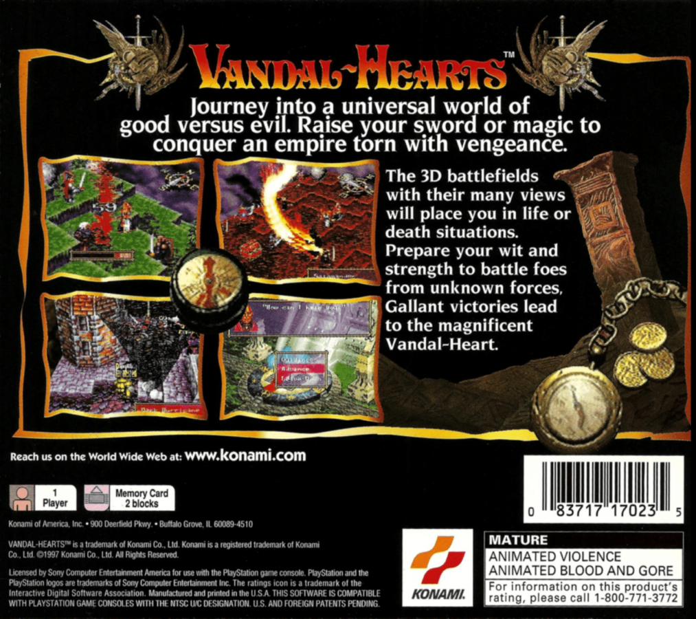 Vandal Hearts back of case for PlayStation 1 (PS1) tactical role-playing video game