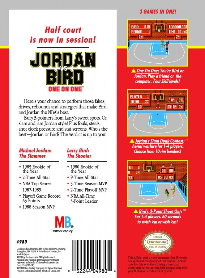 Jordan vs Bird One on One Nintendo Entertainment System NES video game featuring basketball gameplay Michael Jordan Larry Bird one on one matches shooting challenges dunking competitions free throw contests and classic 8 bit Nintendo sports gameplay retro video game collection collectible gaming appeal back cover art