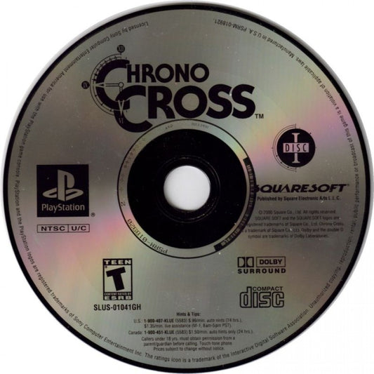 Chrono Cross Greatest Hits edition for PlayStation – green label PS1 RPG case with original cover art featuring Serge and Kid disc