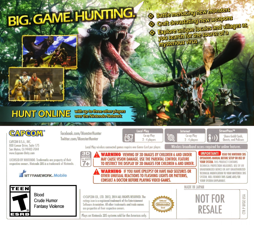Monster Hunter 4 Ultimate back of case for Nintendo 3DS (3DS) action role-playing video game