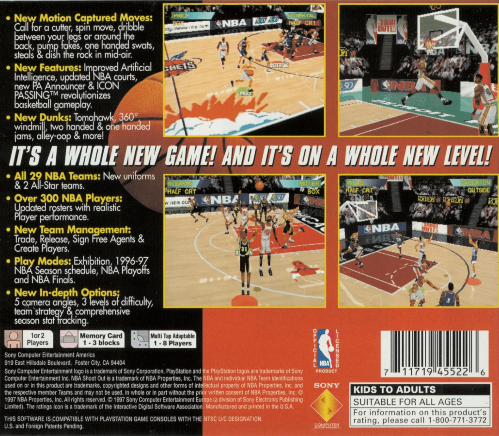 NBA ShootOut 97 back of case for PlayStation 1 (PS1) retro basketball video game