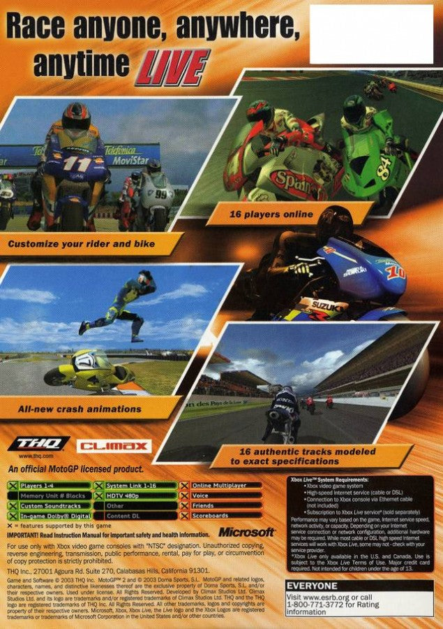 MotoGP 2 back cover art for Xbox (XBOX) video game