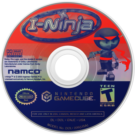 I-Ninja GameCube GC video game, action platformer, stealth and combat gameplay, cartoon-style adventure, multiplayer, Nintendo GameCube title disc art