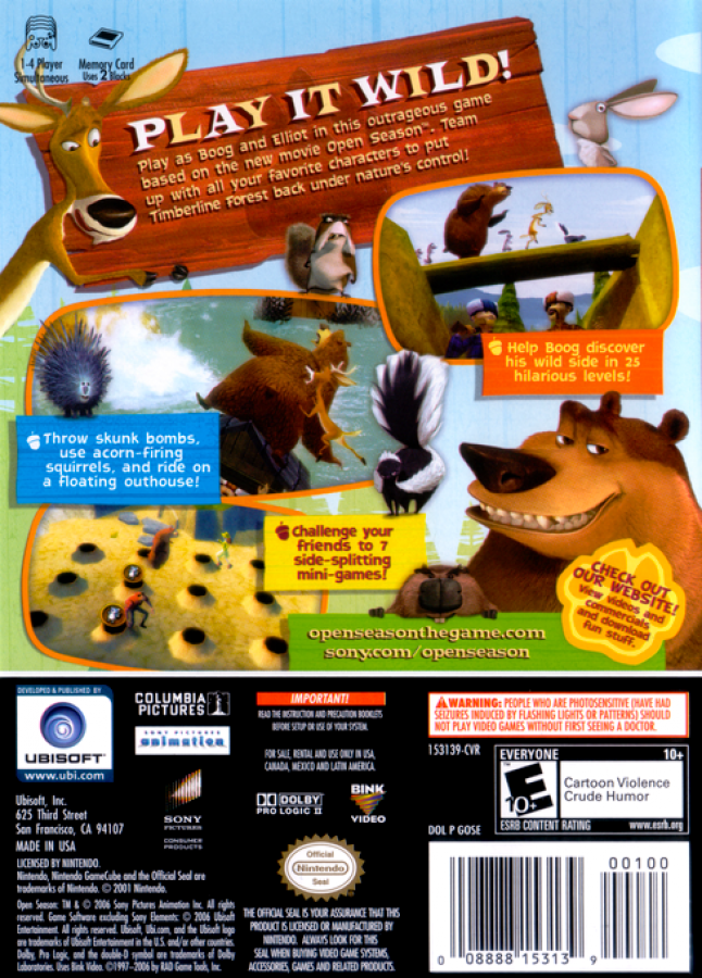 Open Season back cover art for GameCube game featuring family-friendly action adventure gameplay based on the animated movie