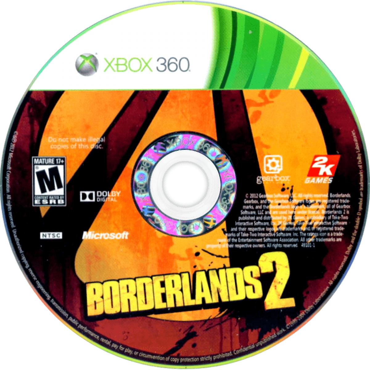 Borderlands 2 disc for Xbox 360 (X360) first-person shooter role-playing video game
