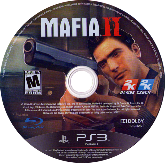 Mafia II PlayStation 3 PS3 video game, open-world crime action, story-driven gameplay, third-person shooter, classic console title disc art