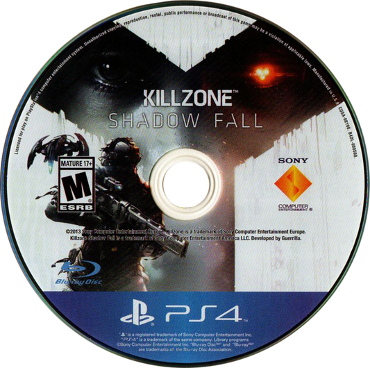 Killzone: Shadow Fall – PlayStation 4 (PS4) video game disc, first-person shooter game.