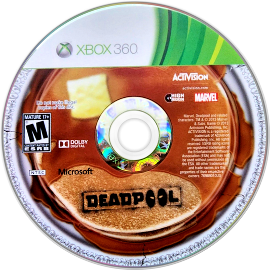 Deadpool Xbox 360 action hack and slash video game fourth-wall breaking humor by Marvel antihero guns sword disc art