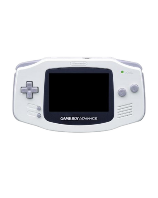 Game Boy Advance handheld system in white featuring horizontal design, color screen, rechargeable battery, and compatibility with Game Boy Advance cartridges for portable gaming