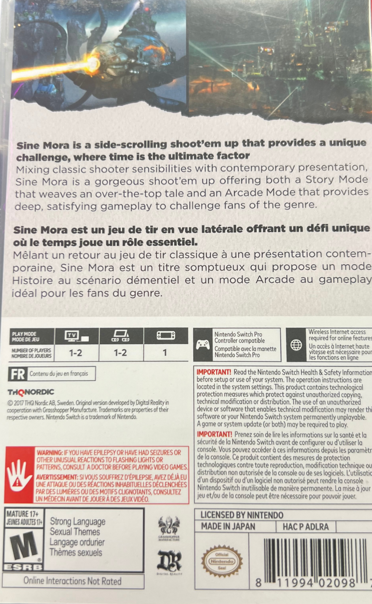Sine Mora EX Nintendo Switch NS for shoot em up video game fans featuring side scrolling bullet hell gameplay intense aerial combat time manipulation mechanics challenging enemy waves boss battles cinematic storytelling multiple playable characters arcade action and collectible gaming appeal back cover art