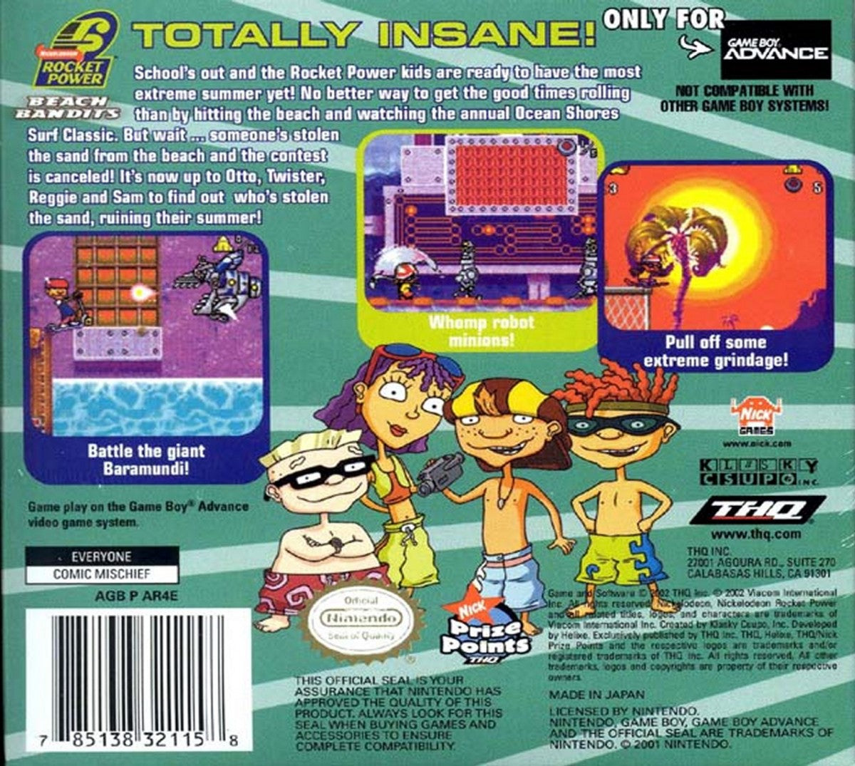 Rocket Power Beach Bandits for Game Boy Advance (GBA), back of box for a retro video game featuring action-adventure gameplay, extreme sports challenges, character-based missions, and cartoon-inspired beachside exploration