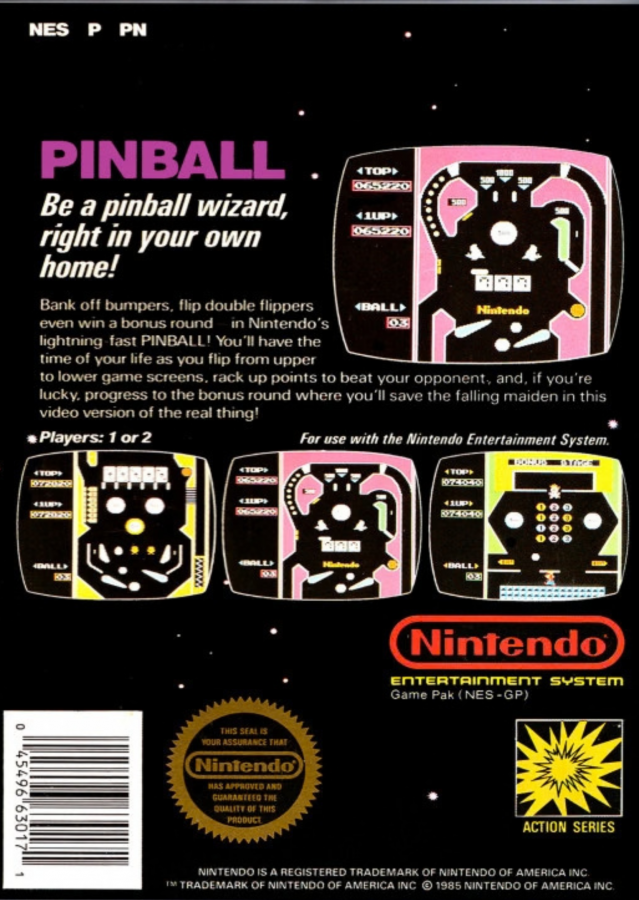 Pinball Nintendo Entertainment System NES video game featuring classic pinball gameplay arcade style table action flippers bumpers targets bonus stages high score challenges and simple 8 bit Nintendo gameplay retro video game collection collectible gaming appeal back cover art