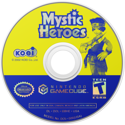 Mystic Heroes disc art for GameCube game featuring hack-and-slash action gameplay with anime-style characters and fantasy combat