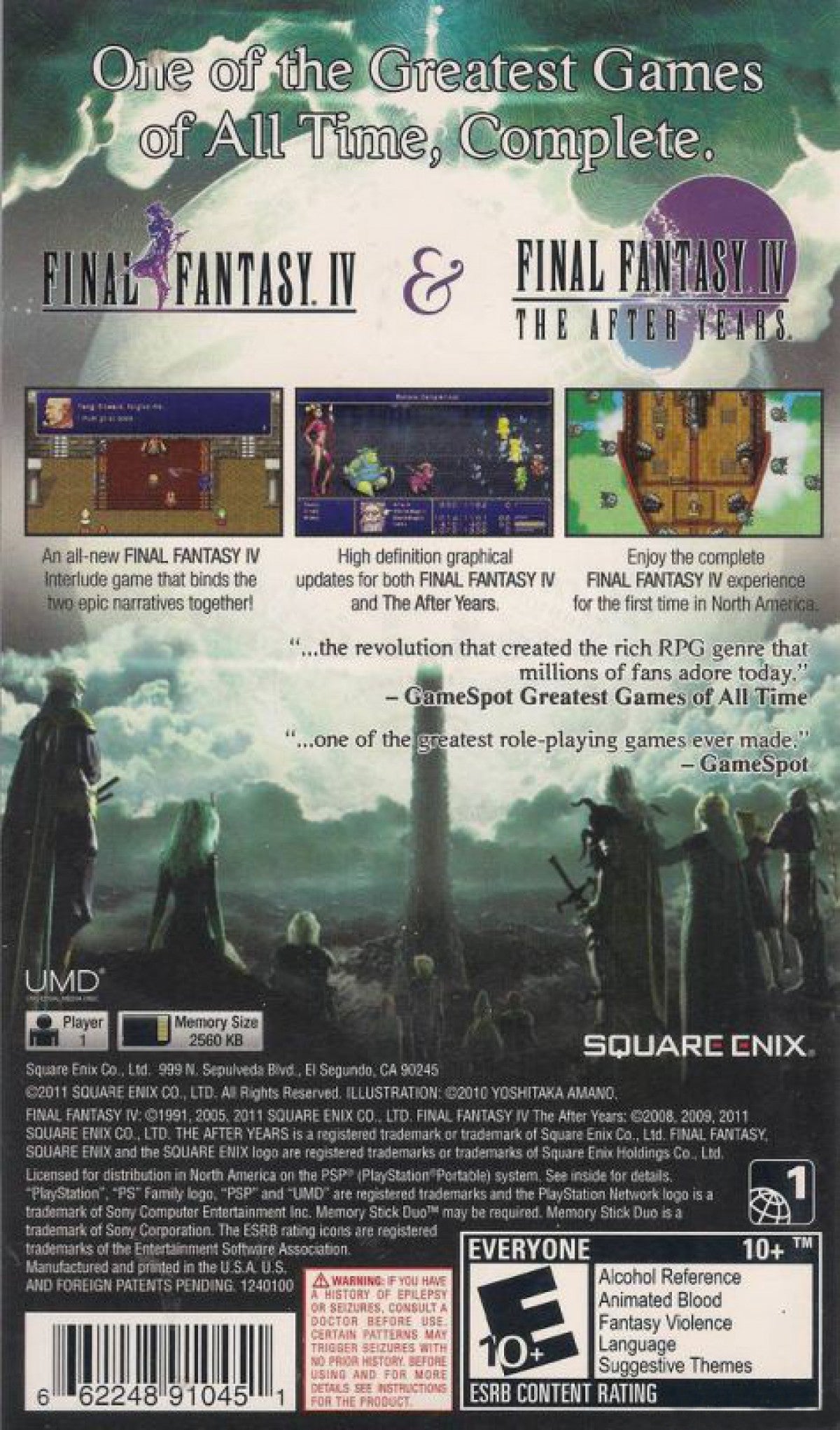 Final Fantasy IV The Complete Collection PlayStation Portable PSP inspired design featuring classic JRPG fantasy adventure aesthetic iconic heroes and villains epic crystal saga turn based combat beautifully enhanced visuals emotional storytelling and legendary role playing gameplay presentation back cover