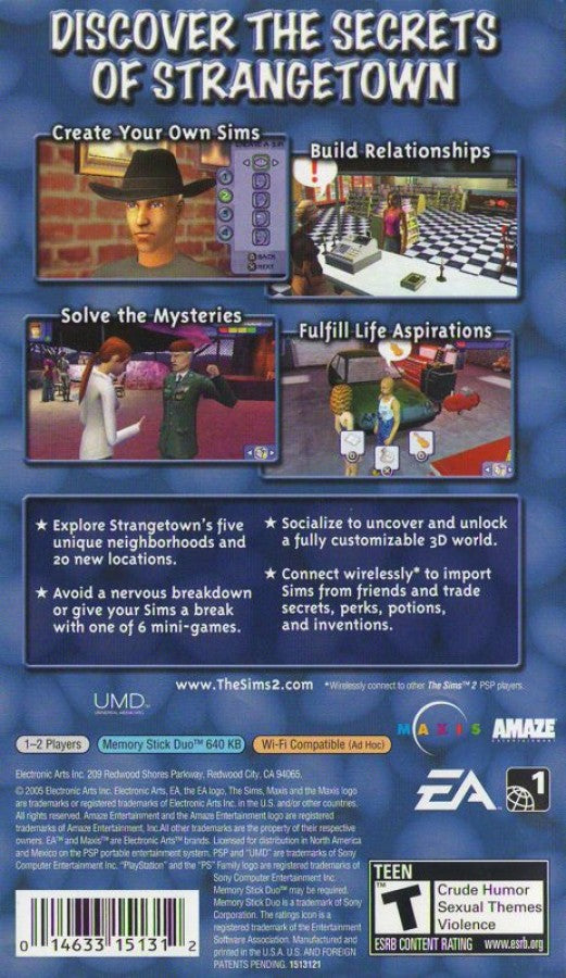 The Sims 2 back cover art for PlayStation Portable (PSP) video game
