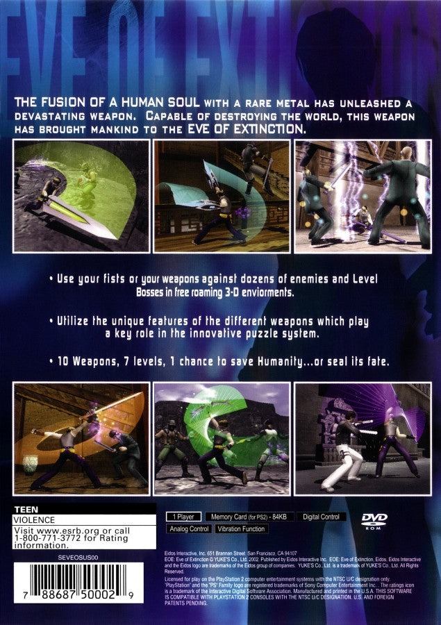 Eve of Extinction action adventure beat em up video game featuring combo driven melee combat anime inspired visuals story focused gameplay and intense hack and slash style action experience back cover