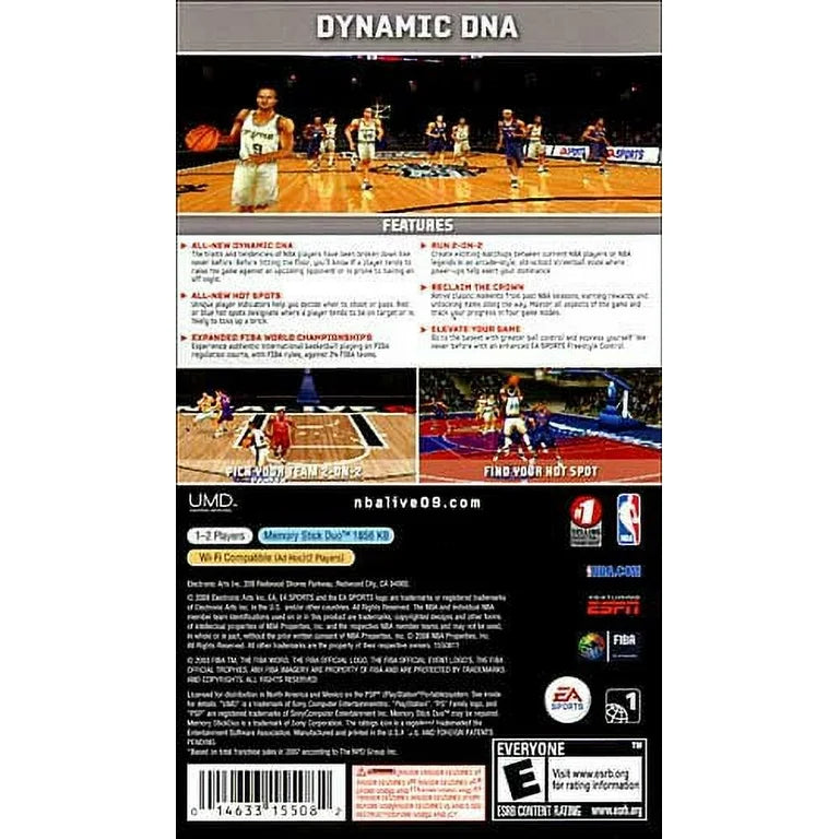NBA Live 09 game back cover for Playstation Portable video game.