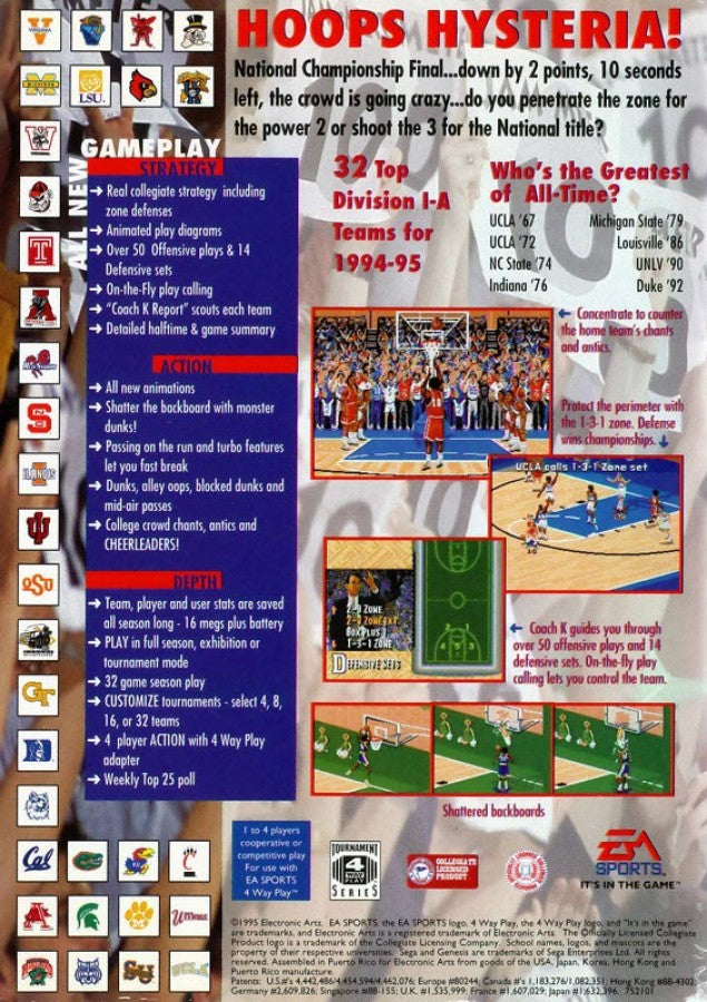 Coach K College Basketball back cover art for Sega Genesis (GEN) video game