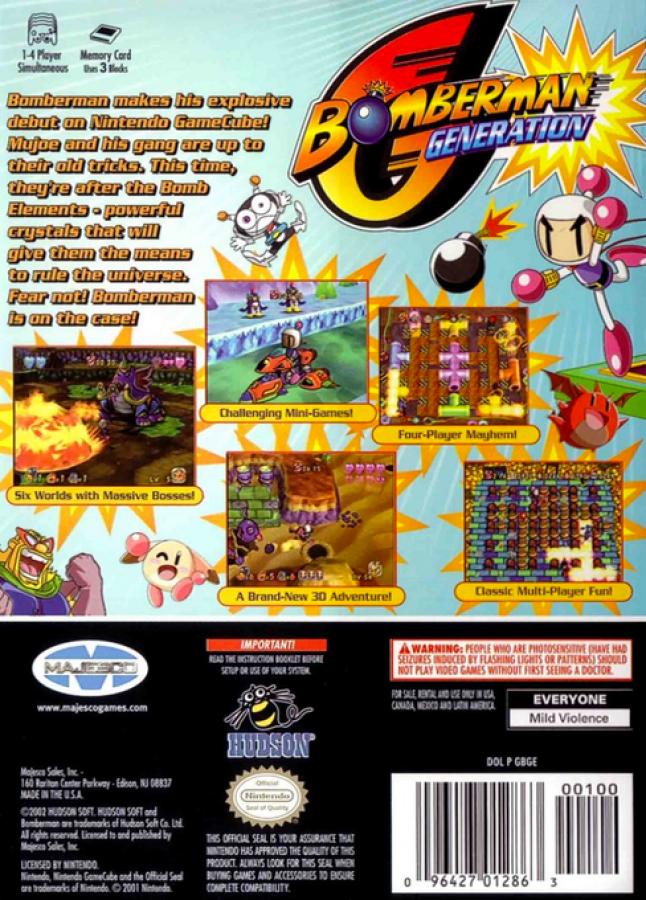 Back cover for Bomberman Generation GameCube game featuring classic bomb-based action gameplay and colorful 3D platforming adventure