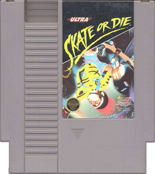 Skate or Die game for the Nintendo Entertainment System featuring skateboarding themed gameplay with multiple events including downhill racing freestyle tricks and jousting with competitive modes and an arcade style presentation cartridge