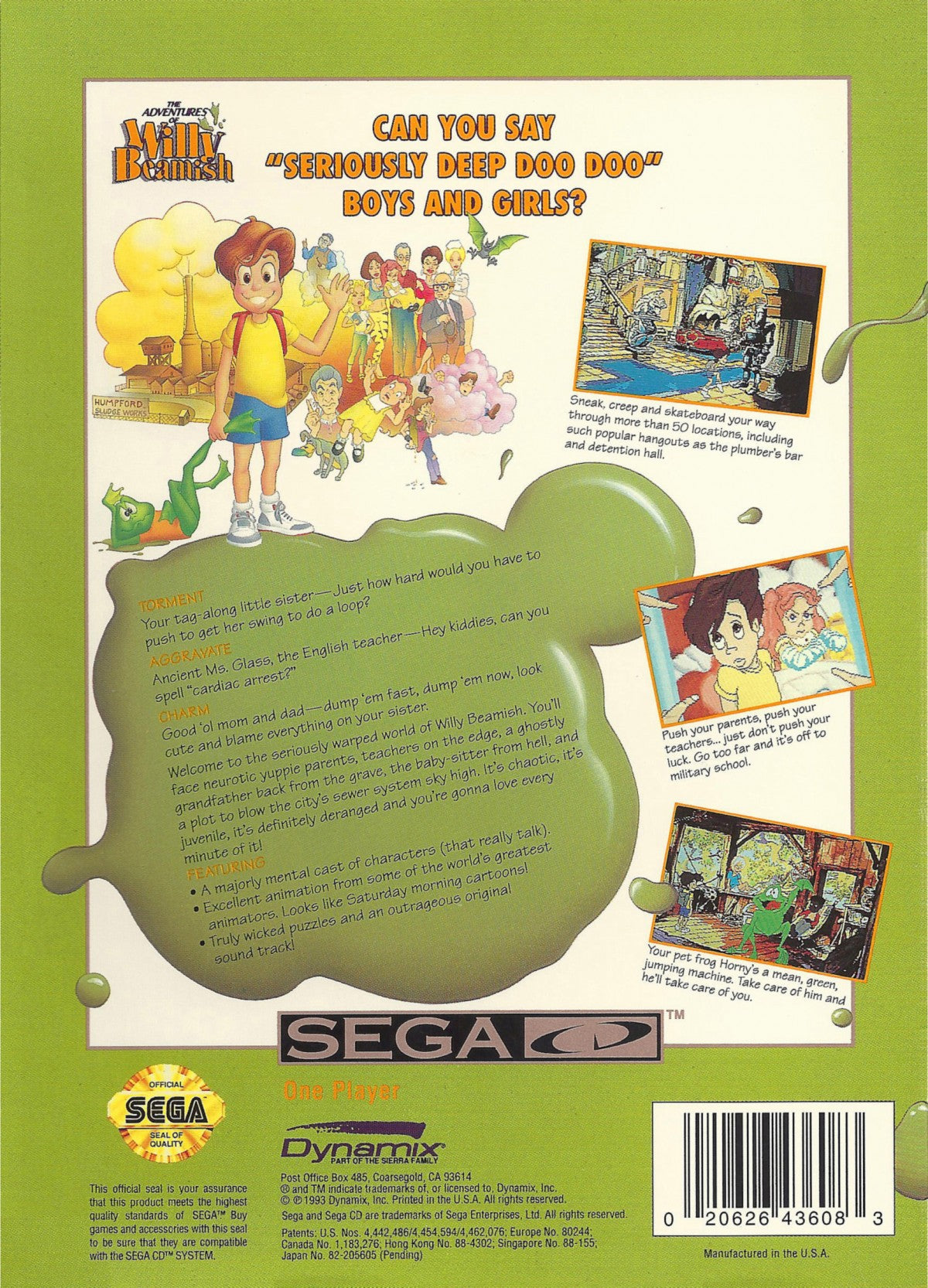 The Adventures of Willy Beamish Sega CD for retro video game enthusiasts featuring point and click adventure gameplay animated cartoon storytelling interactive puzzle solving humorous characters branching events classic graphic adventure design and collectible gaming appeal back cover