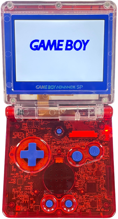 Retro GBA SP custom shell IPS mod inspired design featuring upgraded Nintendo handheld gaming console aesthetic vibrant custom housing backlit IPS display rechargeable clamshell portable system nostalgic retro gaming hardware presentation open