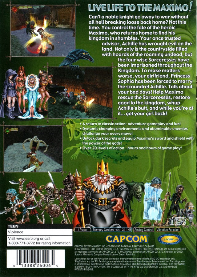 Maximo: Ghosts to Glory back cover art for Playstation 2 (PS2) video game