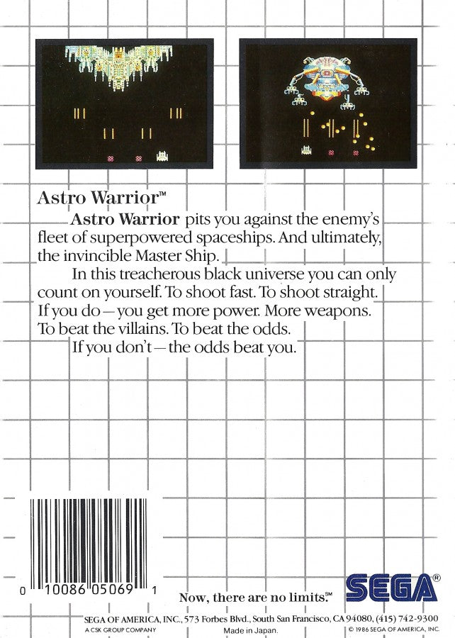 Astro Warrior Sega Master System SMS for arcade shoot em up video game fans featuring space combat futuristic environments enemy waves power ups weapon upgrades scrolling shooter gameplay challenging stages boss battles and classic Sega Master System action collectible retro gaming appeal back cover art
