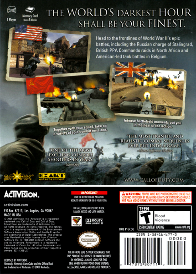 Call of Duty: Finest Hour back of case for GameCube (GC) World War II first-person shooter video game