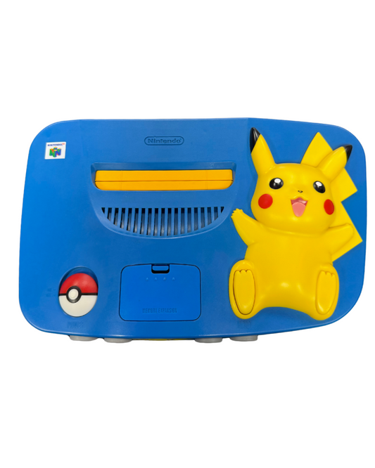 Pikachu Nintendo 64 Console Japanese model Nintendo 64 console with blue Pikachu shell Pokémon edition collectible retro gaming system console top view of pikachu