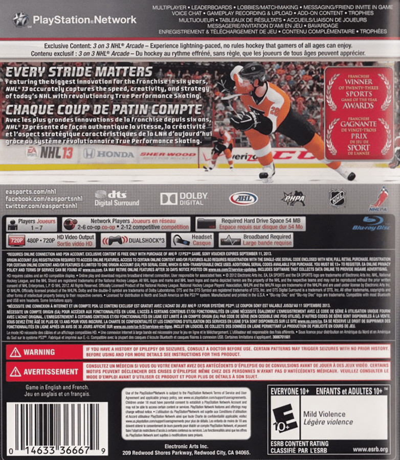 NHL 13 back cover art for PlayStation 3 PS3 video game