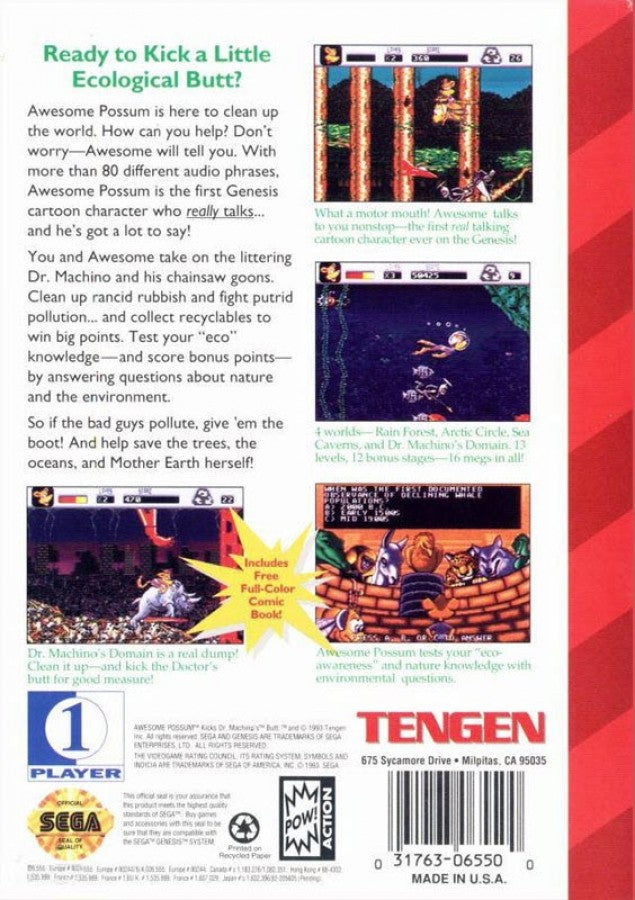 Awesome Possum... Kicks Dr. Machino's Butt back cover art for Sega Genesis (GEN) video game