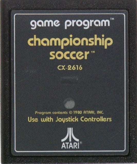 Championship Soccer for Atari 2600, cartridge for a soccer sports video game with arcade-style gameplay, team-based competition, retro controls, and classic football action
