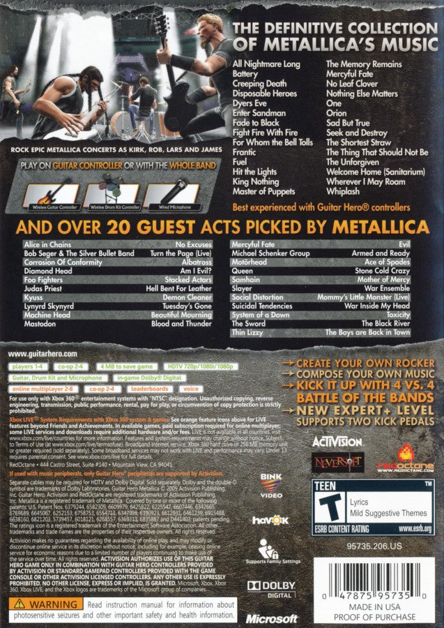 Guitar Hero: Metallica back of case for Xbox 360 (X360) music rhythm video game
