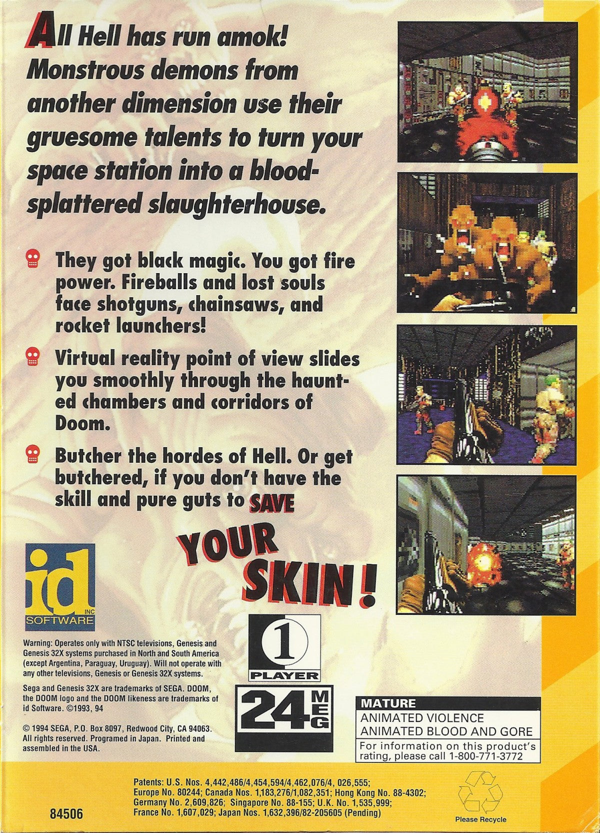 DOOM 32X Sega 32X first person shooter FPS classic id Software fast paced demon blasting action sci fi hellish levels iconic weapons shotgun chainsaw retro gaming Sega Genesis 32X software video game title back cover art
