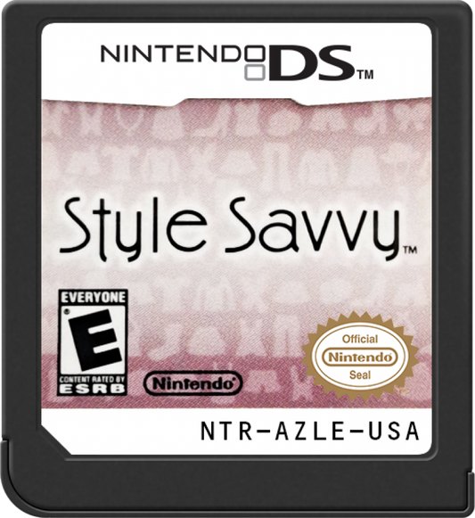 Style Savvy Nintendo DS video game, fashion boutique simulation, clothing design and management gameplay, handheld console title cartridge