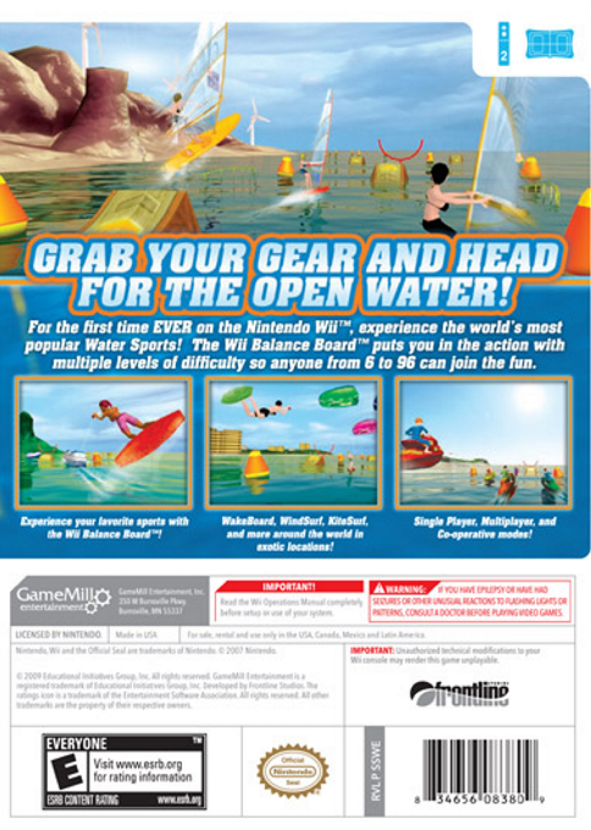 Water Sports game for the Nintendo Wii featuring motion controlled water themed activities including jet skiing kayaking wakeboarding and paddleboarding with multiplayer modes and arcade style gameplay across tropical environments back cover art
