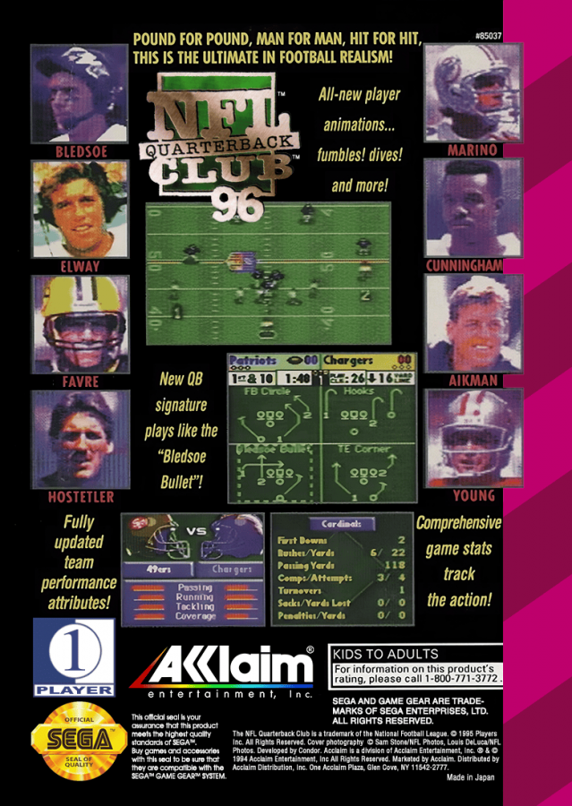 NFL Quarterback Club 96 back cover art for Sega Game Gear football video game.