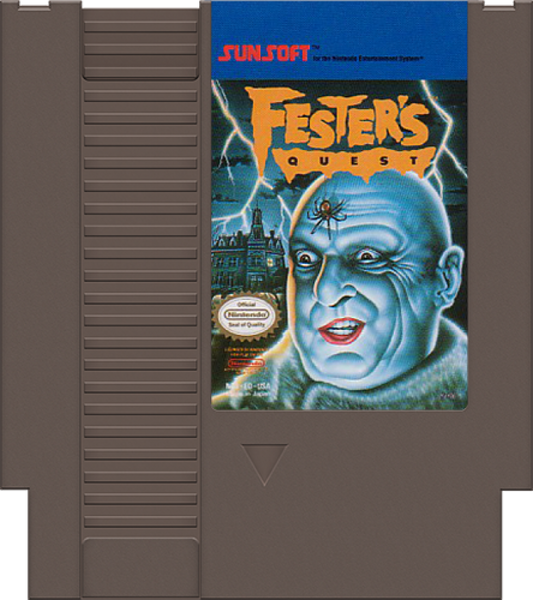 Fester's Quest cartridge for the Nintendo Entertainment System featuring 8 bit top down action gameplay as Uncle Fester battles alien invaders with power ups weapons and maze like city exploration cartridge