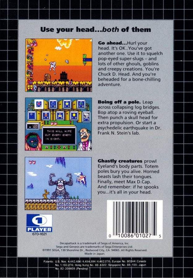 Decap Attack back cover art for Sega Genesis (GEN) video game