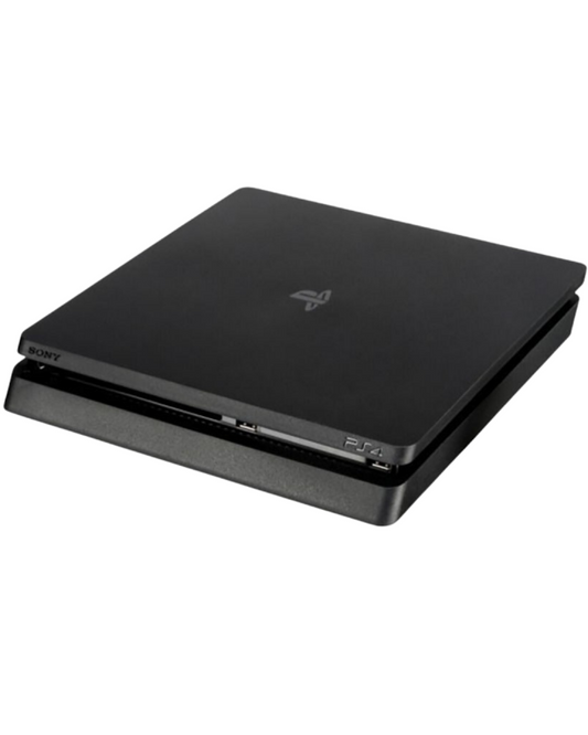 Top front view of a Sony PS4 Slim console showing the top surface, front-facing disc slot, power and eject buttons, and logo from a slightly angled perspective.