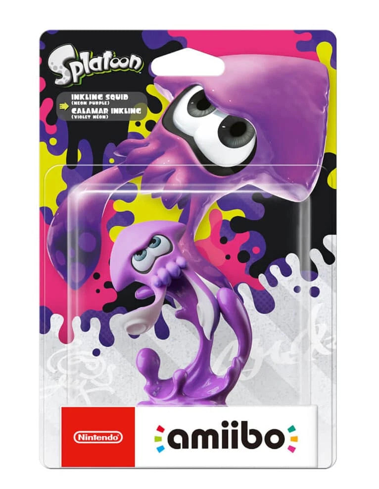 Inkling Squid Neon Purple Amiibo sealed featuring the vibrant neon‑purple squid form from Splatoon, with its glossy ink‑splatter base and dynamic upward splash pose.
