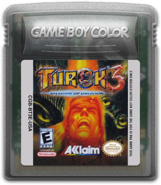 Turok 3: Shadow of Oblivion Nintendo Game Boy Color GBC for action platformer retro video game fans featuring dinosaur battles sci fi adventure side scrolling gameplay powerful weapons challenging enemies intense combat classic handheld gaming collectible gaming appeal cartridge