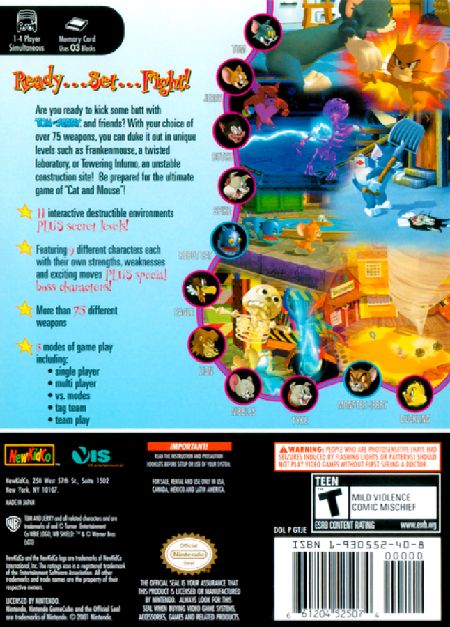 Tom and Jerry in War of the Whiskers GameCube GC video game, action fighting, cartoon-based gameplay, multiplayer, family-friendly, Nintendo GameCube title back cover